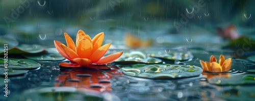 Solitary Water Lily in Rain A Symbol of Simplicity and Focus This captivating image captures the essence of tranquility and serenity, with a single water lily blooming amidst gentle raindrops The