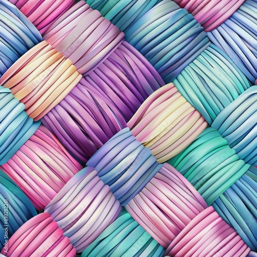 A seamless pattern featuring multicolored woven ribbons in pastel shades. The ribbons include hues of pink, purple, blue, and green, creating a soft and harmonious design.