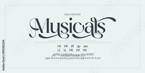 Luxury wedding alphabet letters font with tails. Typography elegant classic serif fonts and number decorative vintage retro concept for logo branding.