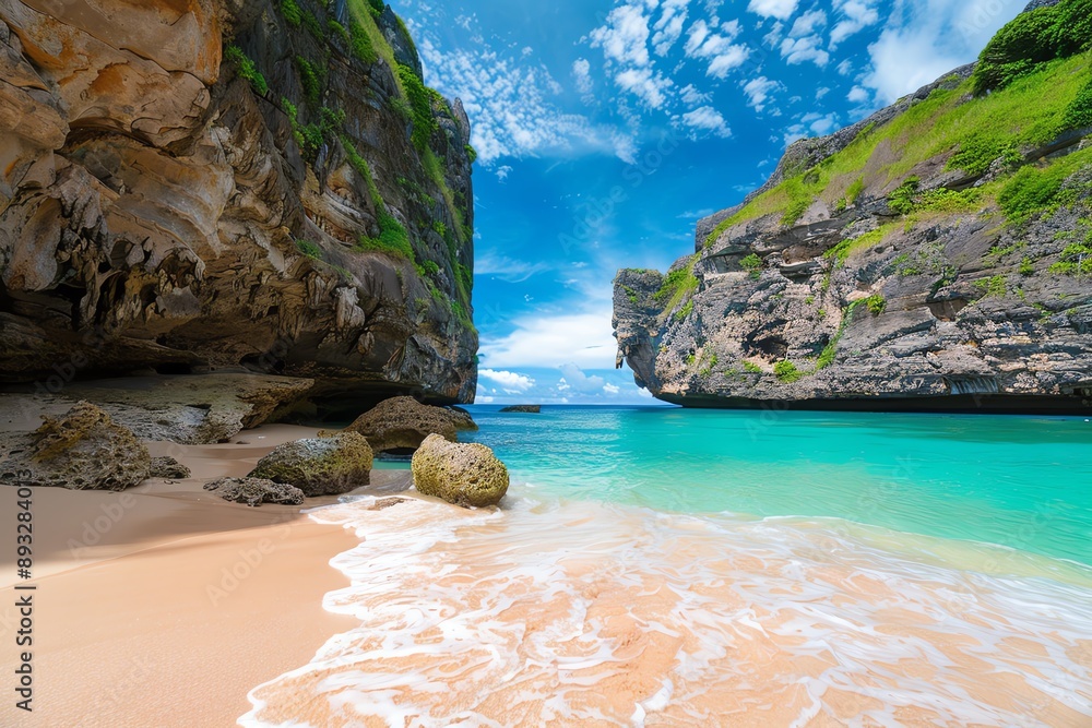 Fototapeta premium Stunning view of a tropical beach with crystal clear water and rocky cliffs.