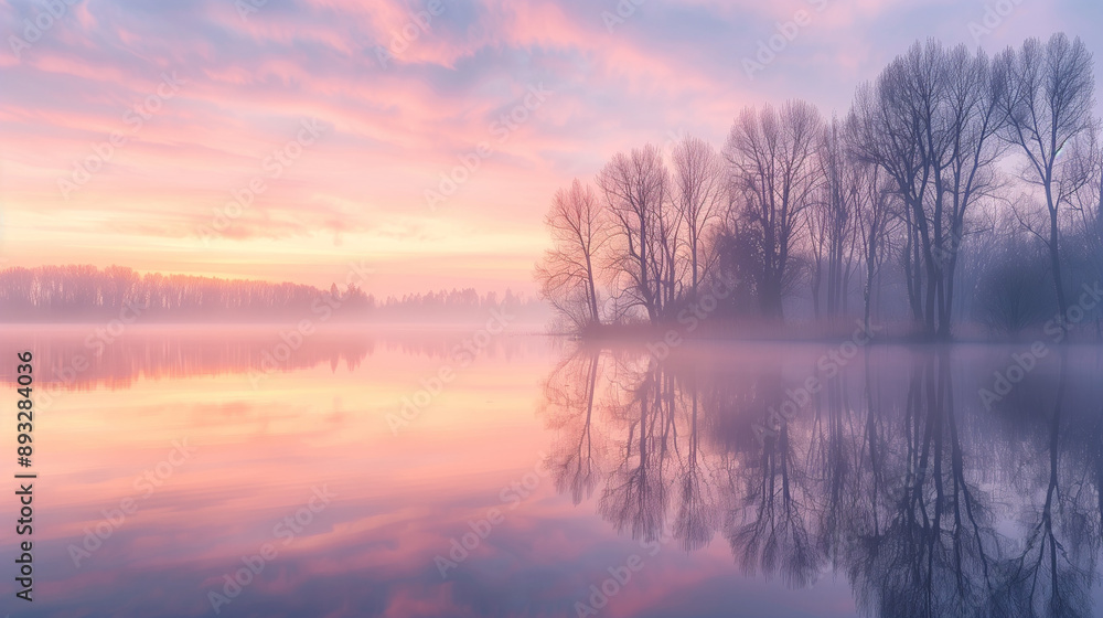 Fototapeta premium A picturesque view at sunrise or sunset over a foggy lake, where the reflections of the trees on the water merge with the pink and orange sky.