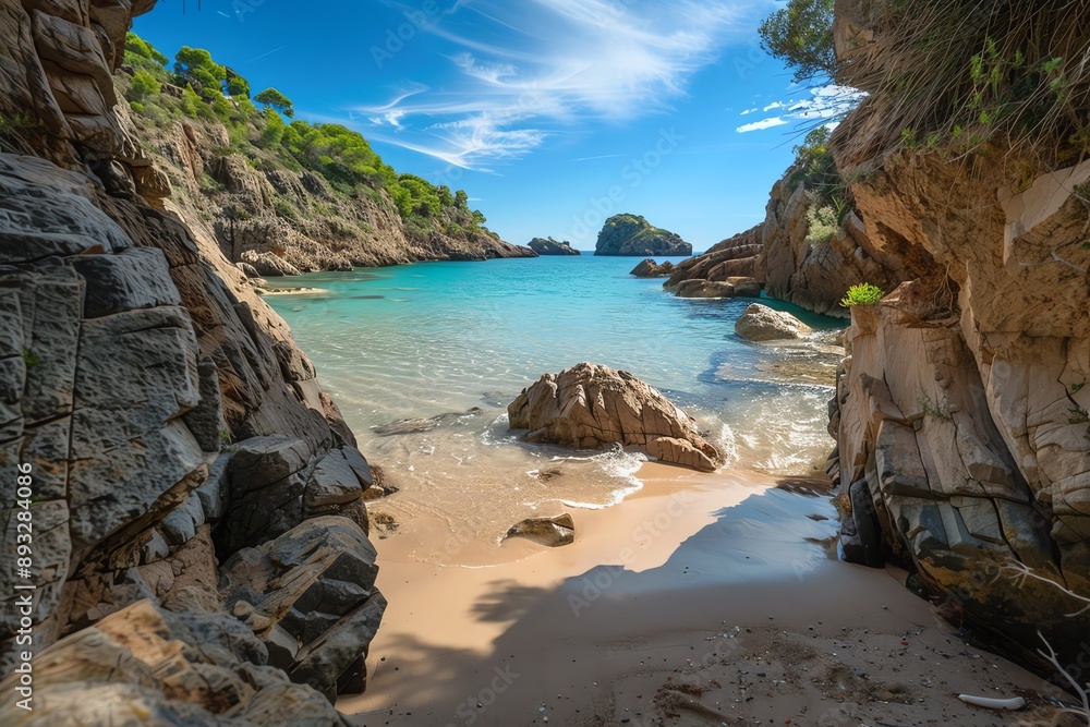 Fototapeta premium Secluded cove with crystal clear water, sandy beach, and rocky cliffs.