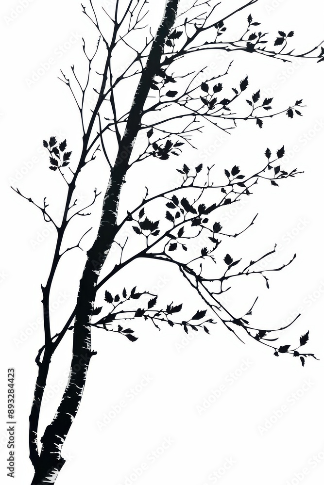 Obraz premium Black and white flat vector art of a birch tree branch, svg style, isolated on white background, simple vector art design 