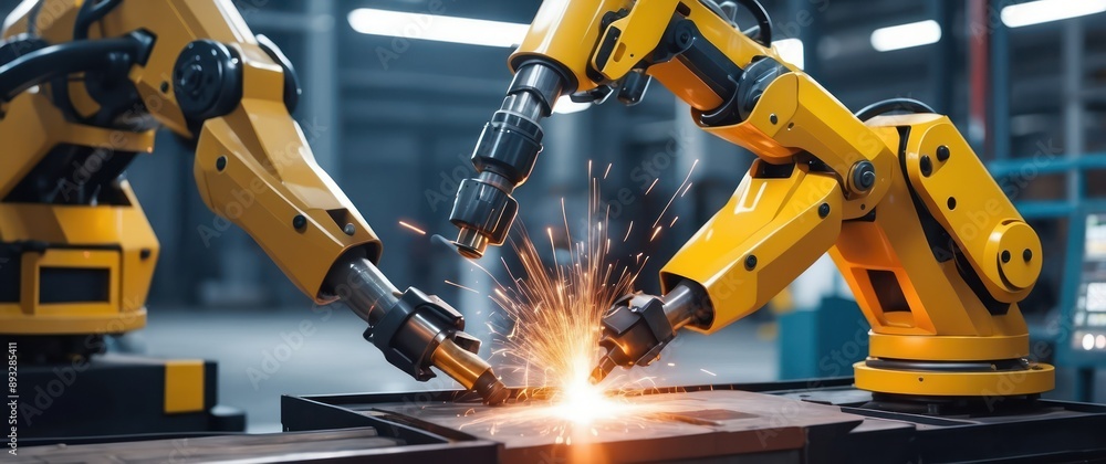 A dynamic scene of robotic arms welding in a factory, symbolizing automation and high tech manufacturing processes A dynamic scene of robotic arms welding in a factory, symbolizing automation and high tech manufacturing processes