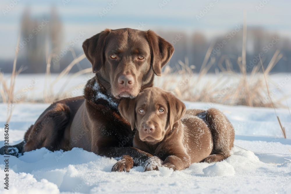 Puppy with mature dog resting on snowfield, chocolate labrador retriever breed, ten week old puppy, winter Puppy with mature dog resting on snowfield, chocolate labrador retriever breed, ten week old puppy, winter