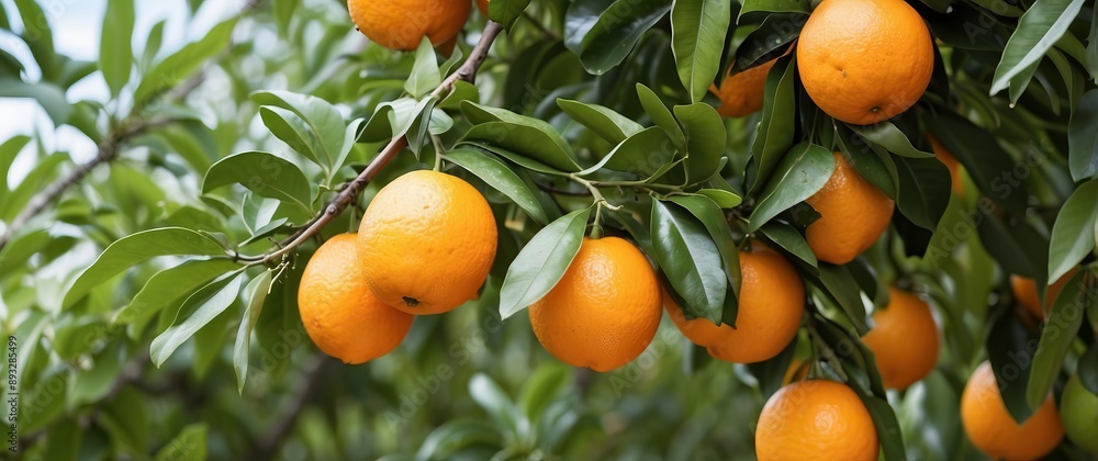 A close up of ripe oranges on a tree, showcasing vibrant leaves and a sunny atmosphere, perfect for seasonal harvest themes A close up of ripe oranges on a tree, showcasing vibrant leaves and a sunny atmosphere, perfect for seasonal harvest themes