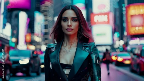 Night stroll in times square with a confident woman