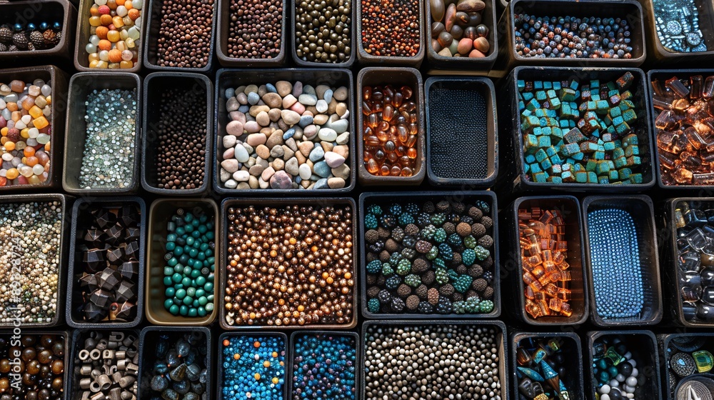 Detailed drawing of a collection of beads in various shapes and colors displayed in small containers centered with significant empty space on the right Stock Photo with copy space Detailed drawing of a collection of beads in various shapes and colors displayed in small containers centered with significant empty space on the right Stock Photo with copy space