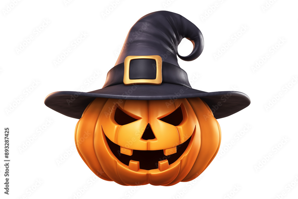 Fototapeta premium PNG cutout of halloween pumpkin wearing black witch hat golden black strap jack o lantern with mischievous smile looking straight isolated on transparent background