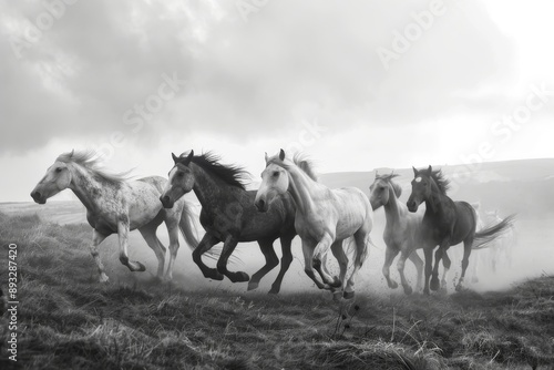 Six horses running across countryside,Dinas Powys.