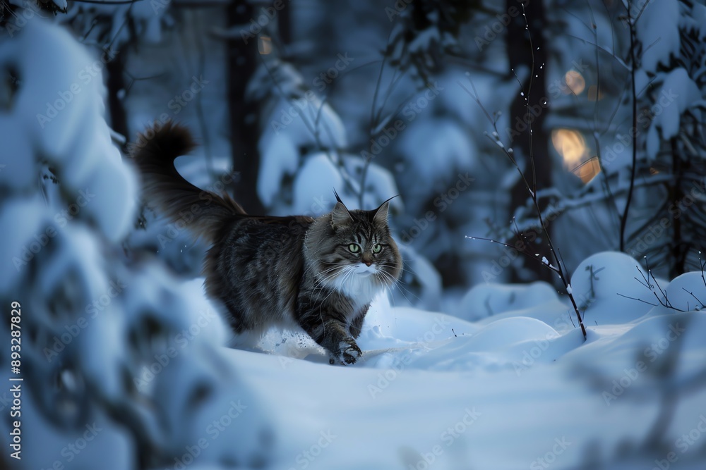 A fluffy cat walks through a snowy forest. A fluffy cat walks through a snowy forest.
