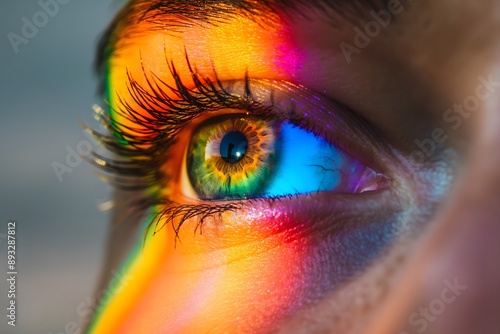 A closeup of an eye with rainbow colors reflecting in it, symbolizing vision and hope for curing the world
