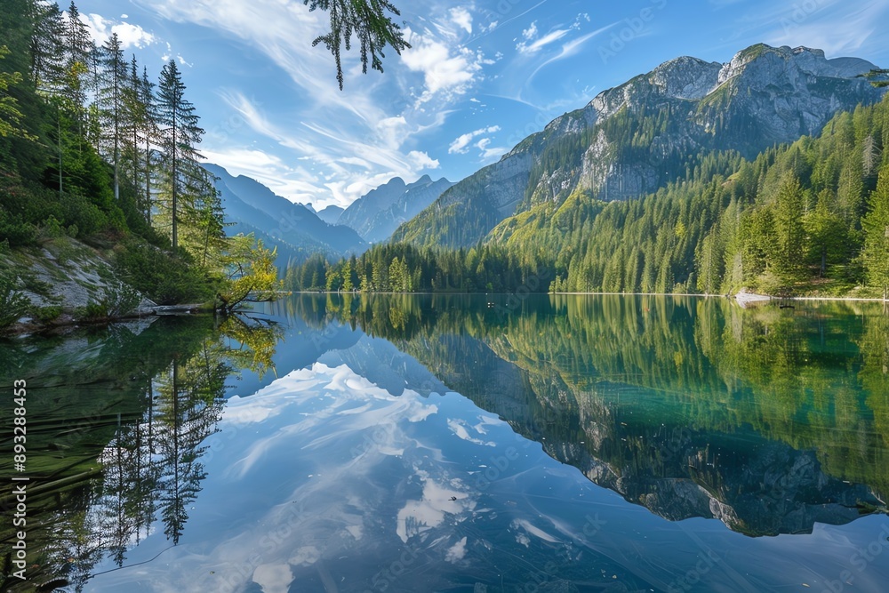 Naklejka premium Tranquil mountain lake with clear blue water and lush green trees reflecting in the water.