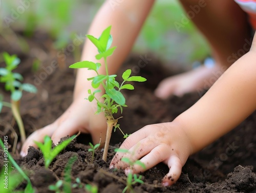 Budding Gardner: Close-up of Child Planting Seedling in Raised Flower Bed