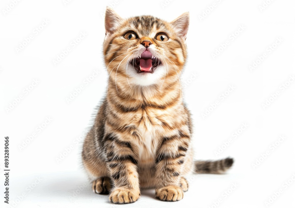 Obraz premium Cute Smiling Scottish Fold cat Sitting on a White Background, Realistic HD Photography