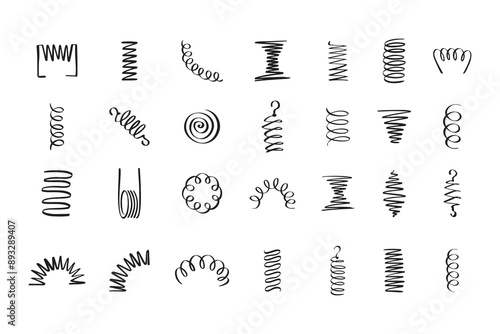 Drawing spiral set. Hand drawn Metal coil spiral icons. Doodle flexible coils, wire spring symbols 