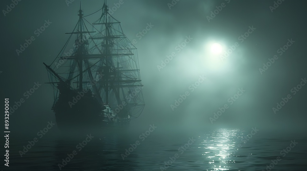 A tall silhouette of a ship cuts through the fog at sunset, powered by the electric cables that snake across the pylons on the shore A tall silhouette of a ship cuts through the fog at sunset, powered by the electric cables that snake across the pylons on the shore