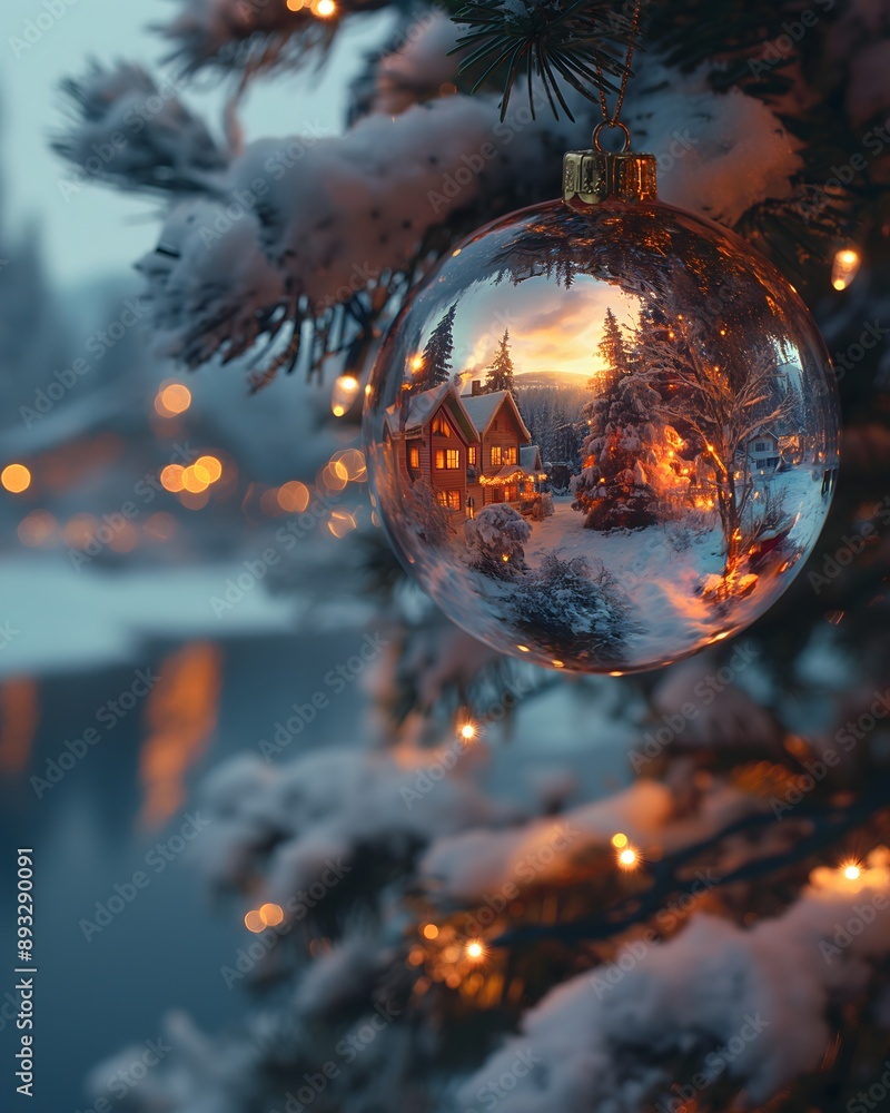 Glass Christmas balls are hanging on a christmas tree, inside the glass Christmas balls there is snow-covered small villages with houses, snow-covered trees and a frozen lake Glass Christmas balls are hanging on a christmas tree, inside the glass Christmas balls there is snow-covered small villages with houses, snow-covered trees and a frozen lake