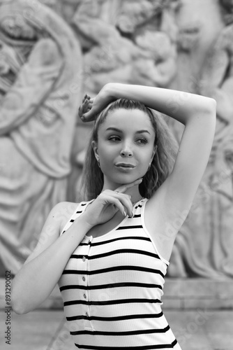 Beautiful girl in Paris. Black and white photo.
