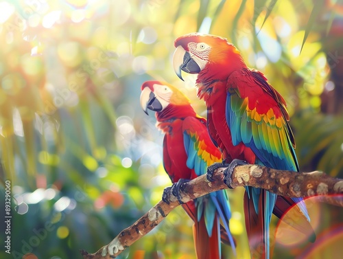 Two vibrant scarlet macaws perched on a branch in a lush tropical rainforest setting. photo