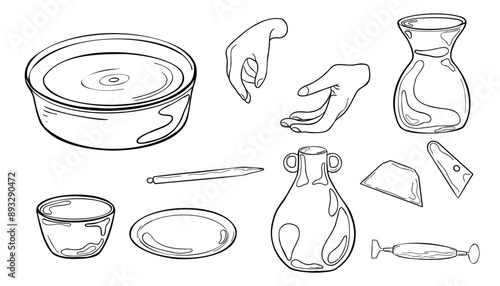 Pottery wheel and modeling tools black white vector illustration isolated. Set of pottery vases and women hands ink contour hand drawn. Stacks, spatula, jug in outline. For ceramics workshop, school