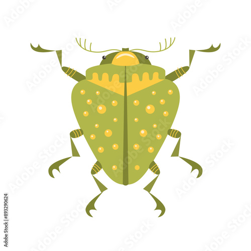 Cartoon bedbug vector flat illustration. Insect on a white isolated background. Funny green bug with yellow spots. Template for use in children`s design, textiles, books, packaging.