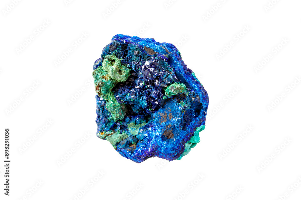 Malachite mineral stone with azurite on white background close up Malachite mineral stone with azurite on white background close up