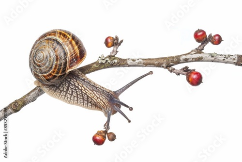 The edible garden snail also known as cantareus aspersus on a twig. photo