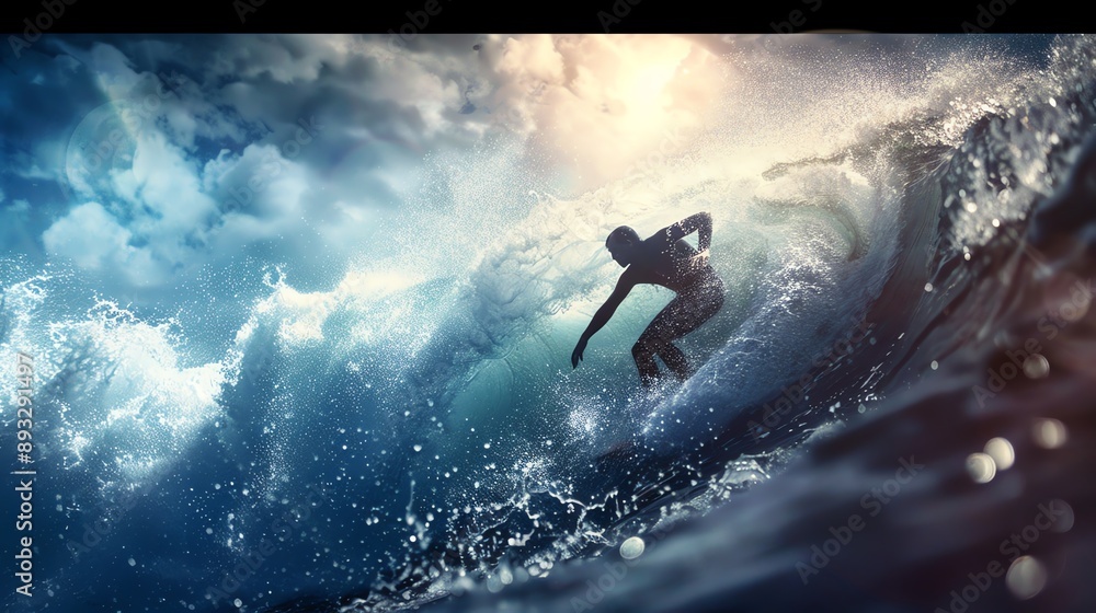 A surfer rides a large wave with dramatic clouds in the background. A surfer rides a large wave with dramatic clouds in the background.