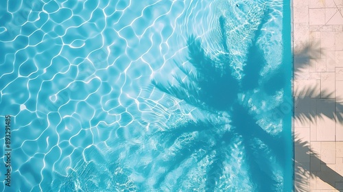 The Shadow of palm tree on swimming pool,Palm tree leaf shadow on blue wall,Minimal abstract tropical beach water with crystal clear water background,vacation banner concept.