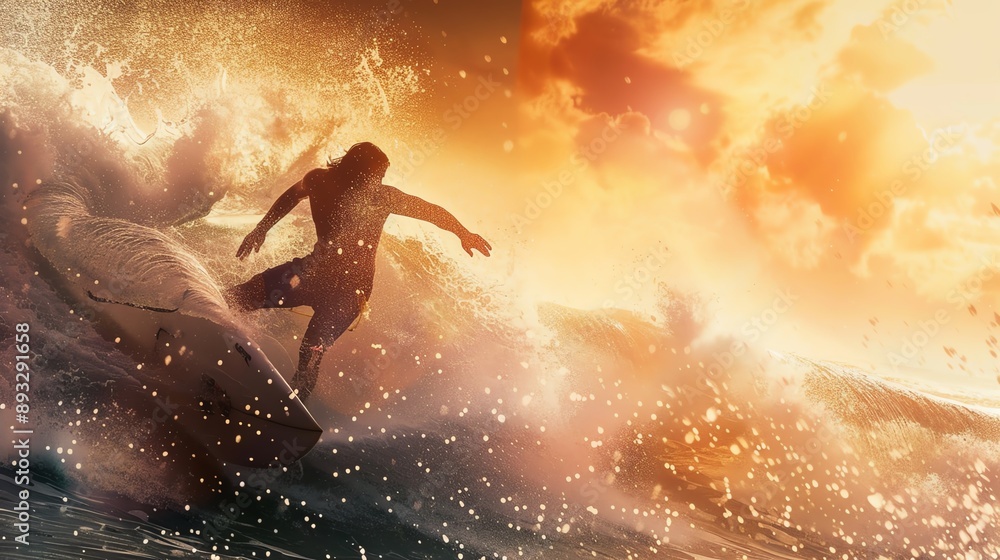 Naklejka premium Silhouette of surfer riding a wave at sunset.