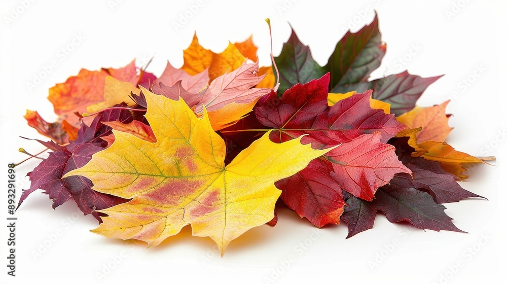 Fototapeta premium Pile of autumn colored leaves isolated on white background.A heap of different maple dry leaf,colorful autumn maple leaf in the fall season,autumn leaves are falling flying,Selective focus.