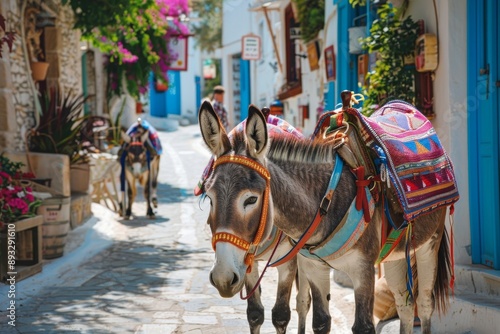 Two donkeys with colourful traditional style saddles in a busy Greek village street in summer waiting to be ridden by tourists. photo