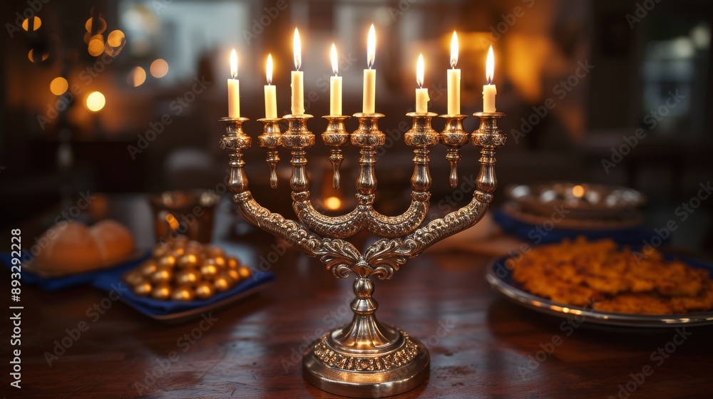 A Candelabra With Many Lit Candles on a Table Next to Plates of Food - Generative AI A Candelabra With Many Lit Candles on a Table Next to Plates of Food - Generative AI