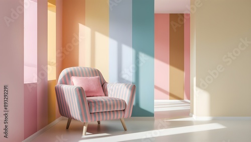 Bright armchair decor with abstract minimal pastel multi-color vibrant groovy retro striped background wall frame, Modern living room interior with pastel pink armchair, plants and decorative elements photo