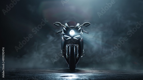 A front shot from a shot of an MV Agusta motorcycle fades into a black background, very dark, purple mist. photo