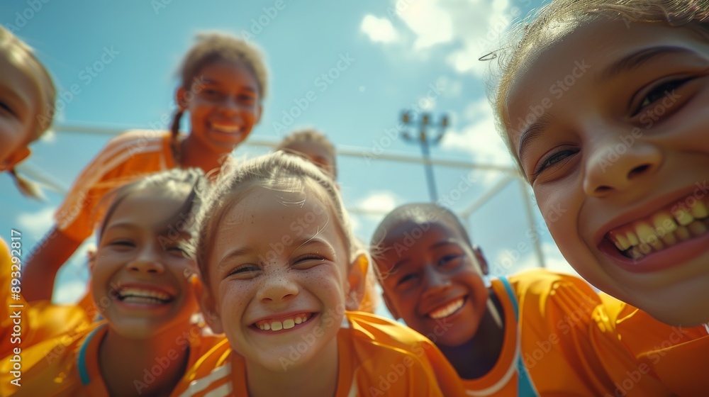 A Group of Children Smiling for the Camera in Front of a Soccer Goal Post - Generative AI A Group of Children Smiling for the Camera in Front of a Soccer Goal Post - Generative AI