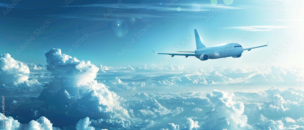 Naklejka premium A white airplane is flying through a cloudy sky