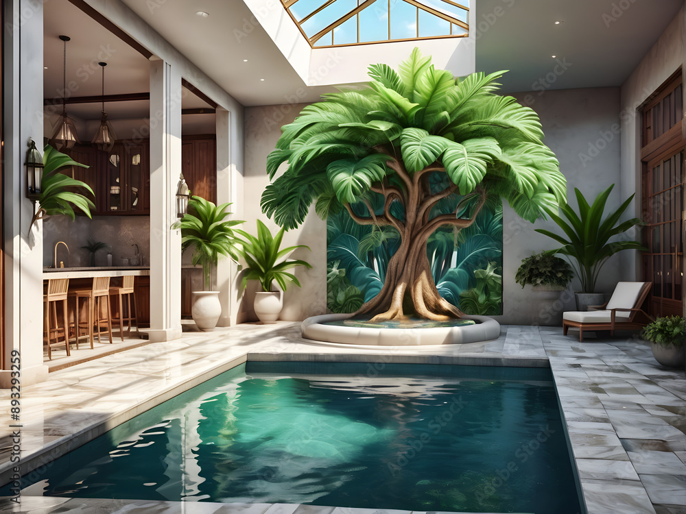 Indoor tropical pool in a luxurious courtyard decorated tree. Realistic ...
