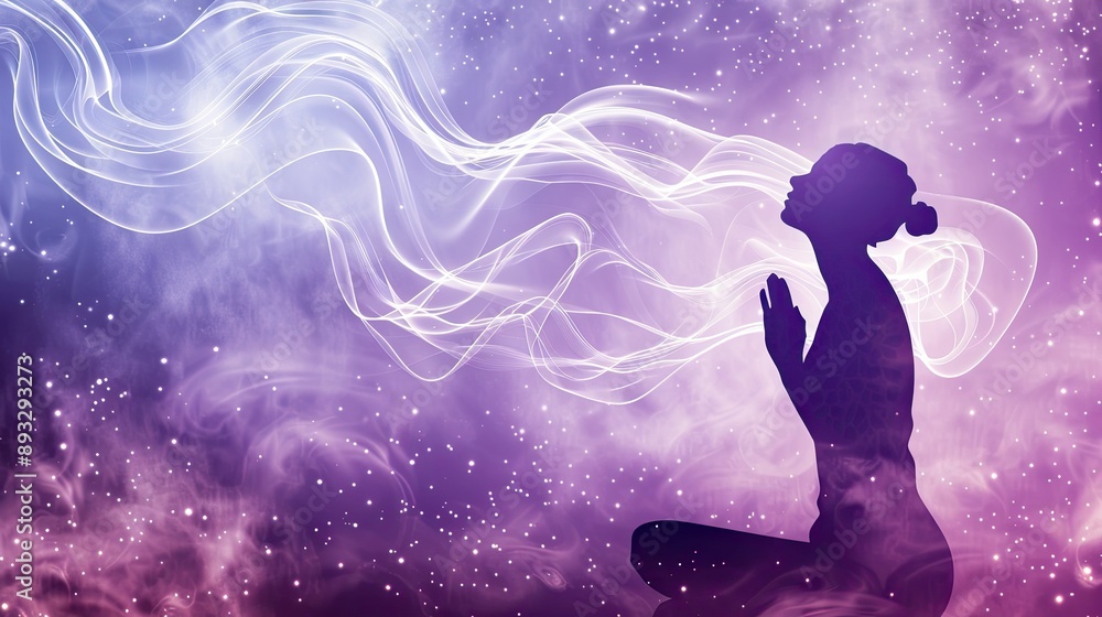 Naklejka premium A woman is sitting in a purple background with smoke and stars