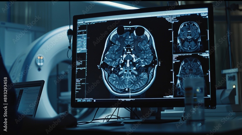 Obraz premium A computer monitor displays a brain scan