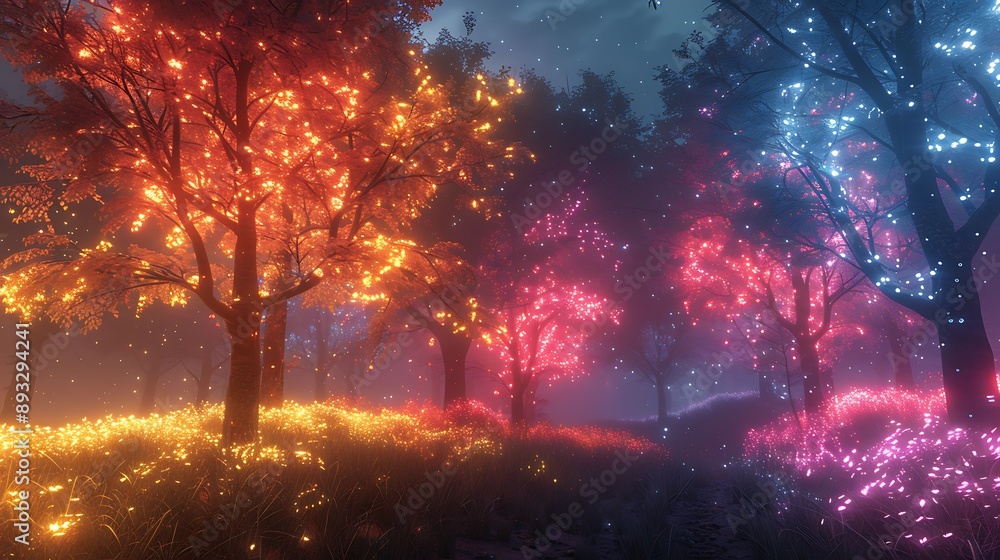 Naklejka premium A modern forest with interactive digital trees and neon-infused underbrush, creating an enchanting woodland scene