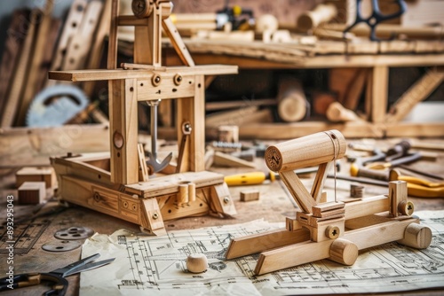 Wooden Toy Catapult and Trebuchet on a Workshop Table