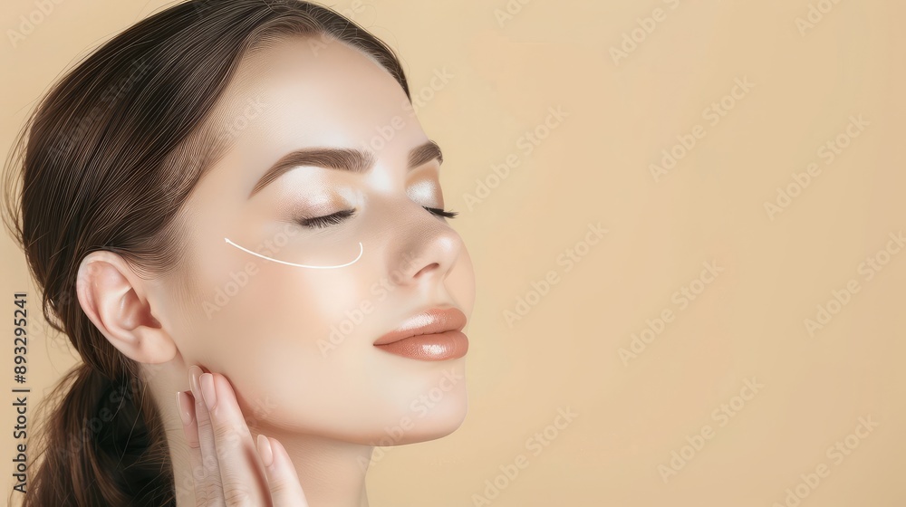 The beautician stroked the beautiful young woman's face with white gloves, the lady's eyes closed on a beige background. The concept of plastic surgery and facial skin care The beautician stroked the beautiful young woman's face with white gloves, the lady's eyes closed on a beige background. The concept of plastic surgery and facial skin care