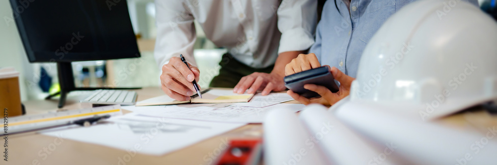 Engineer or interior Architects designer construction plans on blueprint Engineer or interior Architects designer construction plans on blueprint