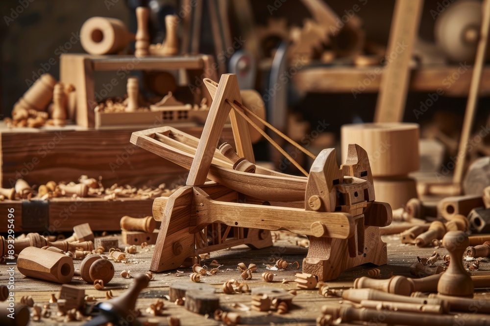 Wooden Catapult in a Carpenter's Workshop Wooden Catapult in a Carpenter's Workshop