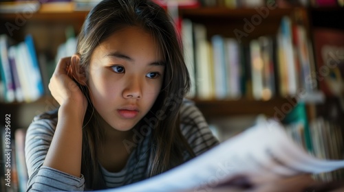 Student looking at a test with a failing grade, but with a determined expression, indicating resilience and the power of positive thinking to overcome academic challenges photo