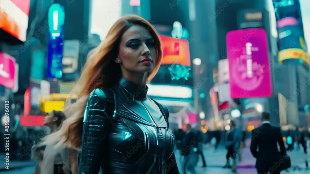 Stylish woman striding through neon-lit futuristic cityscape Stylish woman striding through neon-lit futuristic cityscape