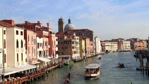 Venice, Italy - February 11, 2023: View of Grand Canal with gondolas and boats in Venice, Italy