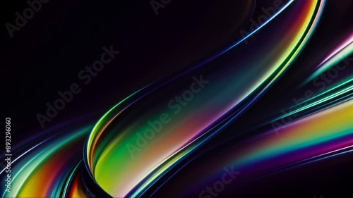 Looped 3D animation of energy dynamic abstract footage with glowing plasma swirling lines, waves, shapes in psychedelic rainbow seamless pattern on neon background with kaleidoscopic motion effect.